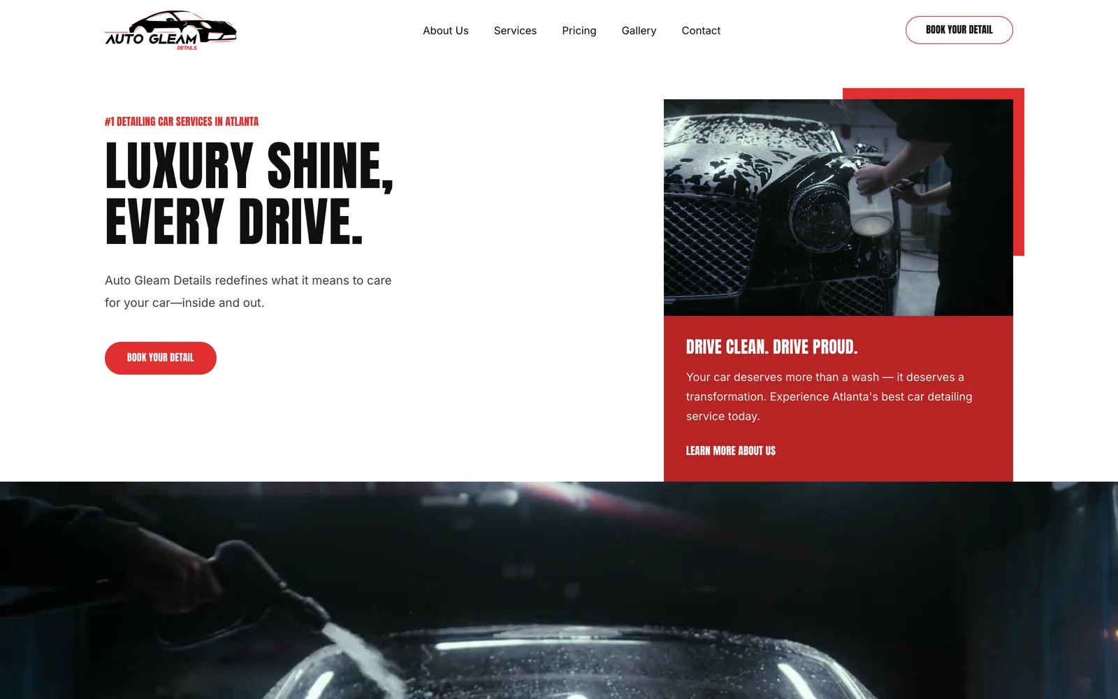 Auto Gleam Details homepage: “Luxury shine, every drive.” beside a photo of a black car mid-detail.