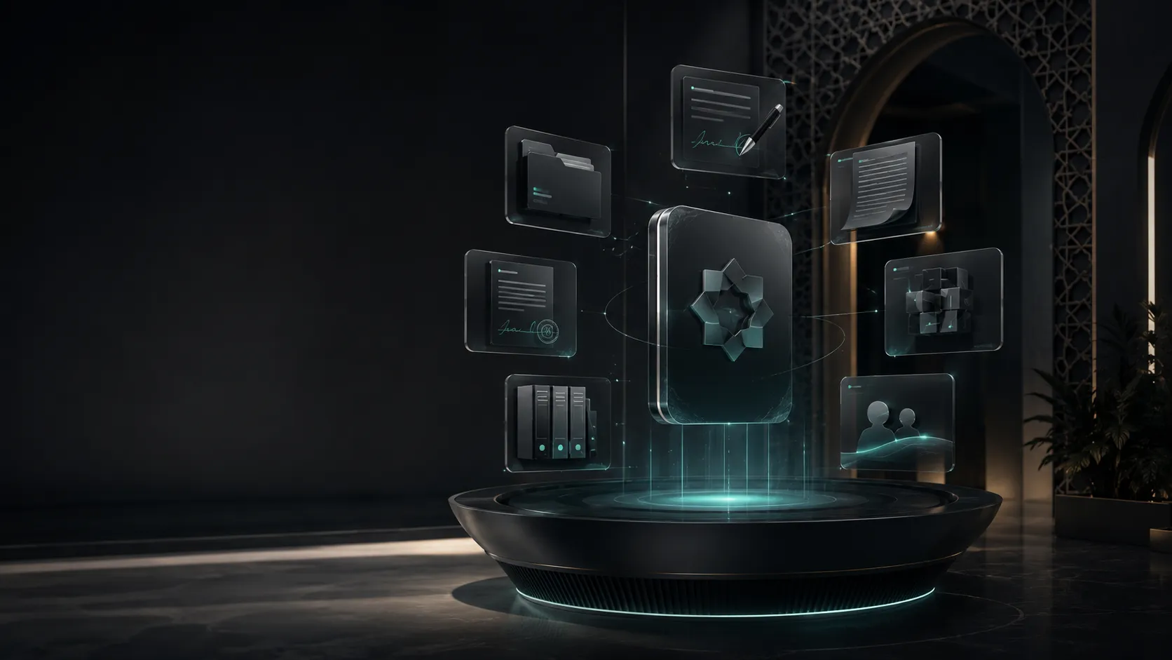 Dark 3D render of legal documents and a case file floating above a platform, from the Avaroes brand system.