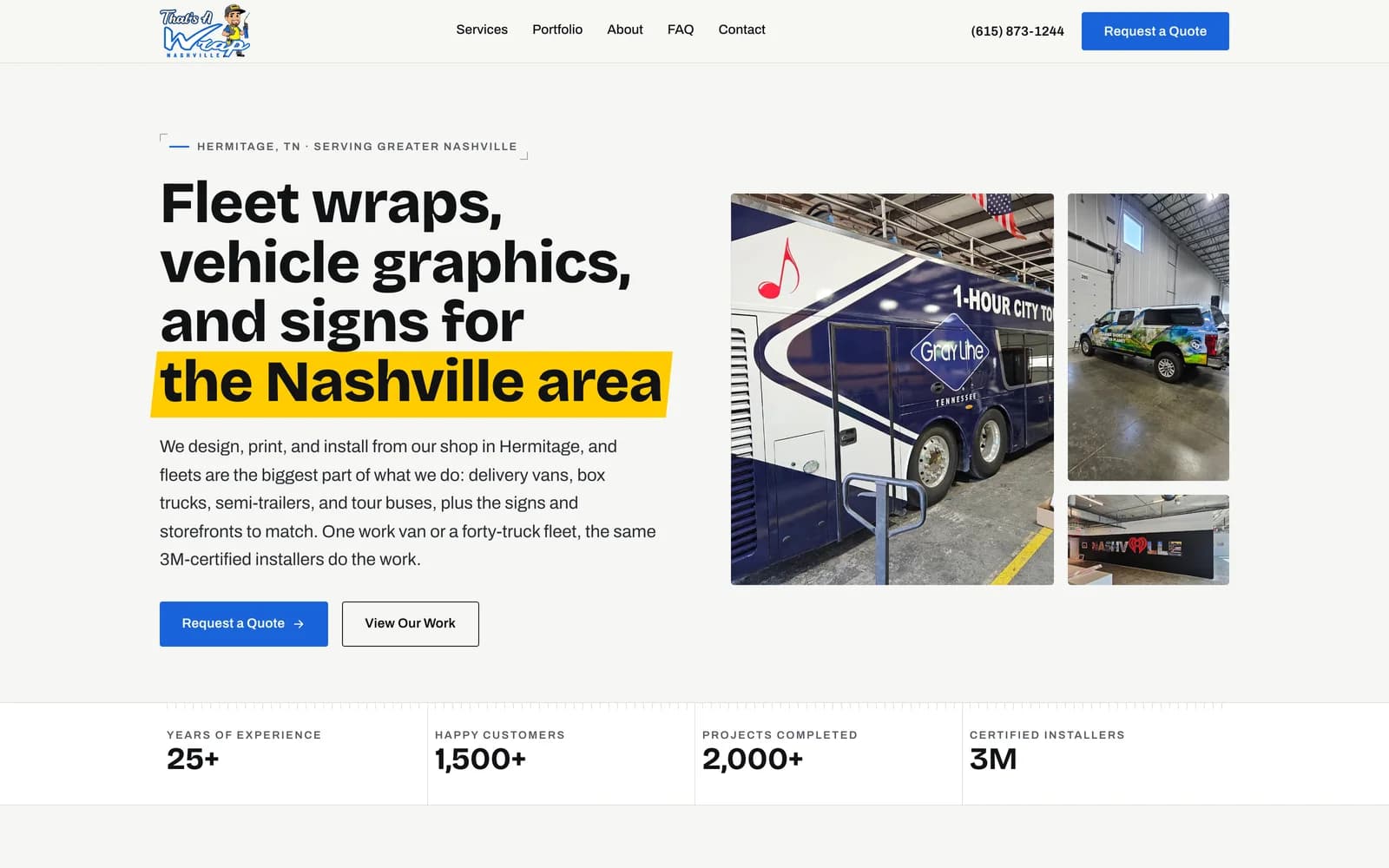 That’s A Wrap Nashville homepage: “Fleet wraps, vehicle graphics, and signs for the Nashville area” beside photos of a wrapped tour bus and pickup.